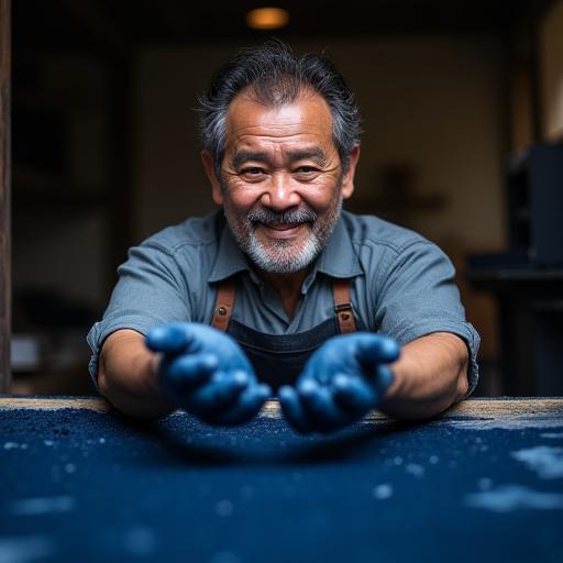Portrait of Kenji Sato, an indigo dyer, with hands stained blue.