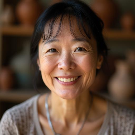 Portrait of Kumiko Tanaka, a potter, in her studio, smiling.