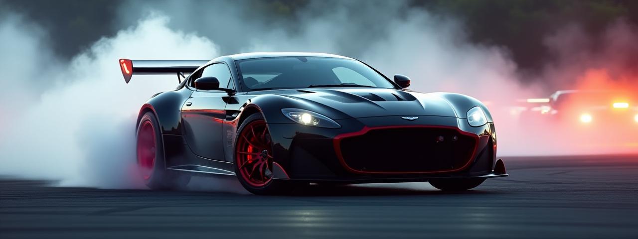 Auto sportiva di lusso su pista che esegue una derapata, illuminata da luci intense, simbolizzando prestazioni e tuning.