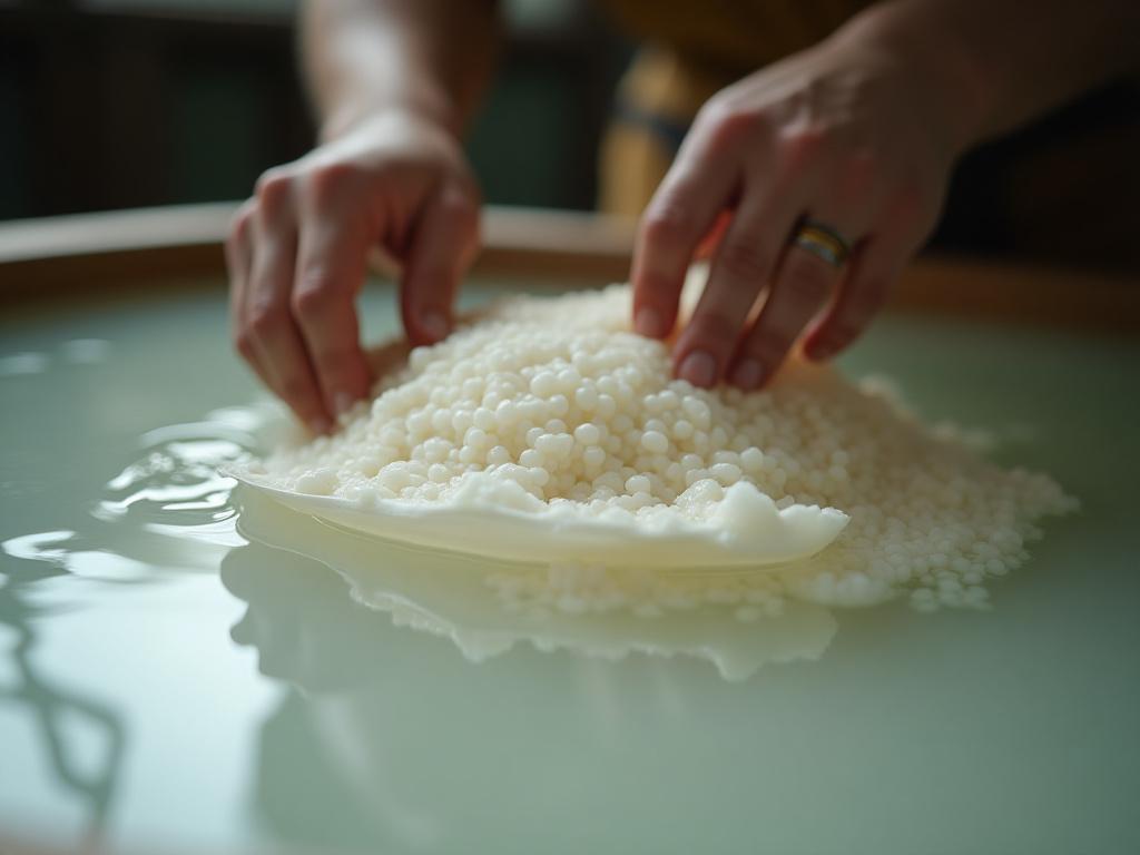 Hands sifting pulp in water to create traditional Japanese washi paper.